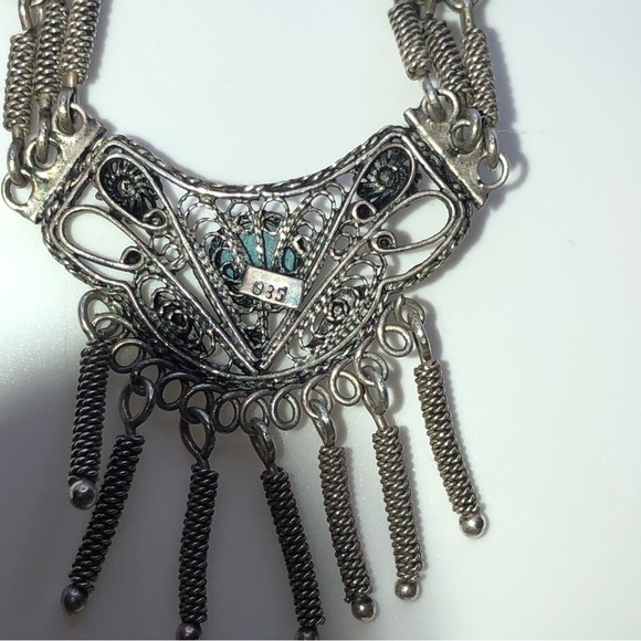 TURQUOISE & 835 Silver Filigree Tassels Necklace Vintage 16” + 1” Drop - Picture 5 of 6